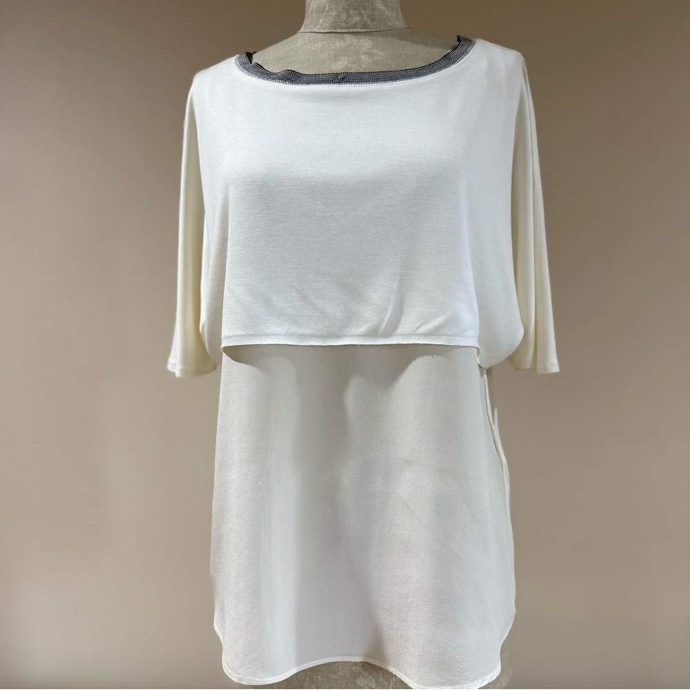 Sandro Paris Ivory Crop Knit Top Layer 
Over Silk Tank with curved hem. Size 2